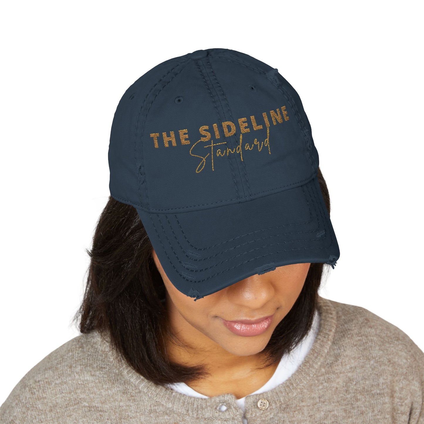 Distressed Dad Hat with 'The Sideline Standard' Embroidery, Casual Fashion Accessory, Gift for Sports Lovers, Trendy Summer Hat, [...]
